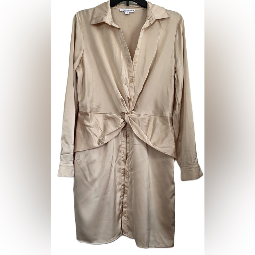 And Now This Front Twist Ling Sleeve Front Buttons Mini Shirt Dress Size: Medium